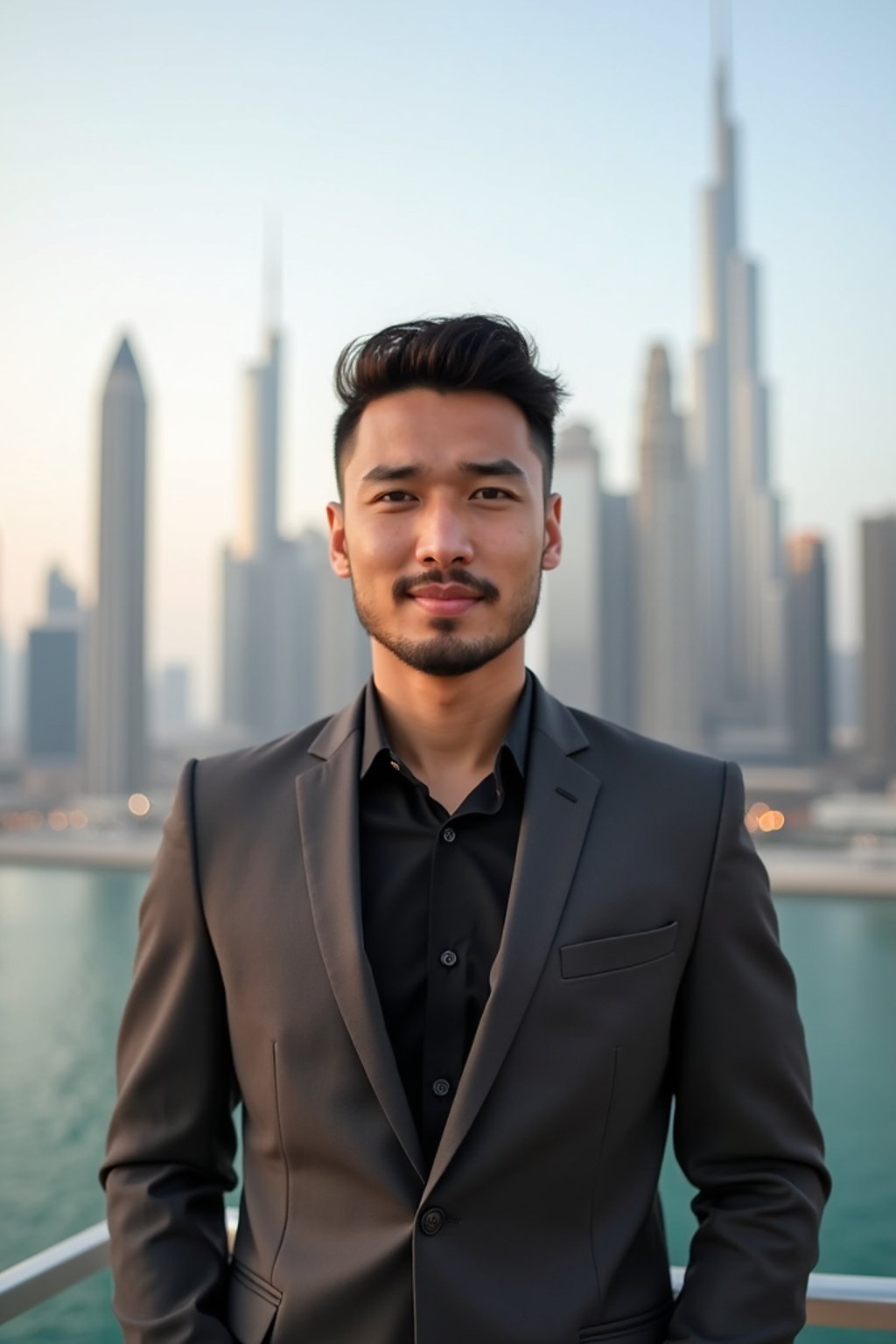 man standing in front of city skyline viewpoint in Dubai with city skyline in background