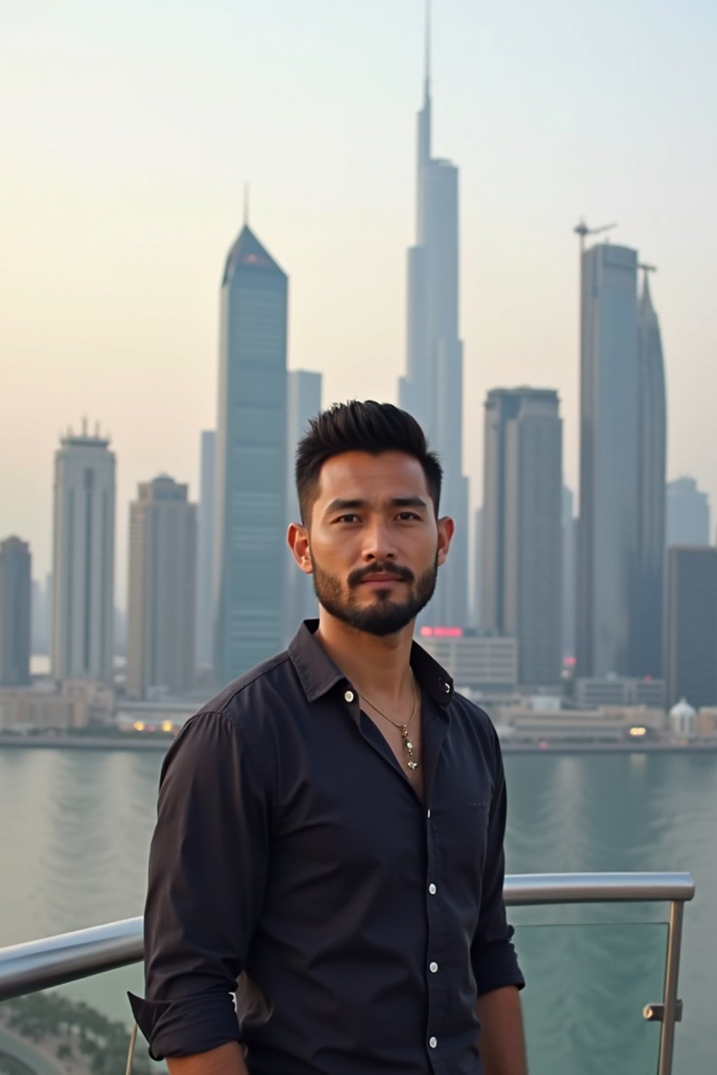 man standing in front of city skyline viewpoint in Dubai with city skyline in background