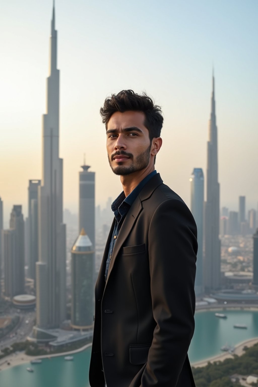 man standing in front of city skyline viewpoint in Dubai with city skyline in background