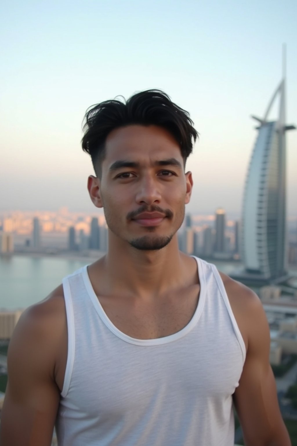 man standing in front of city skyline viewpoint in Dubai with city skyline in background