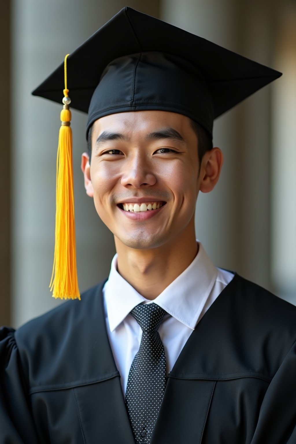 happy  man in Graduation Ceremony wearing a square black Graduation Cap with yellow tassel at college