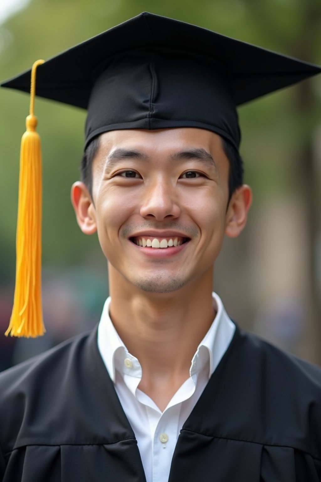 happy  man in Graduation Ceremony wearing a square black Graduation Cap with yellow tassel at college