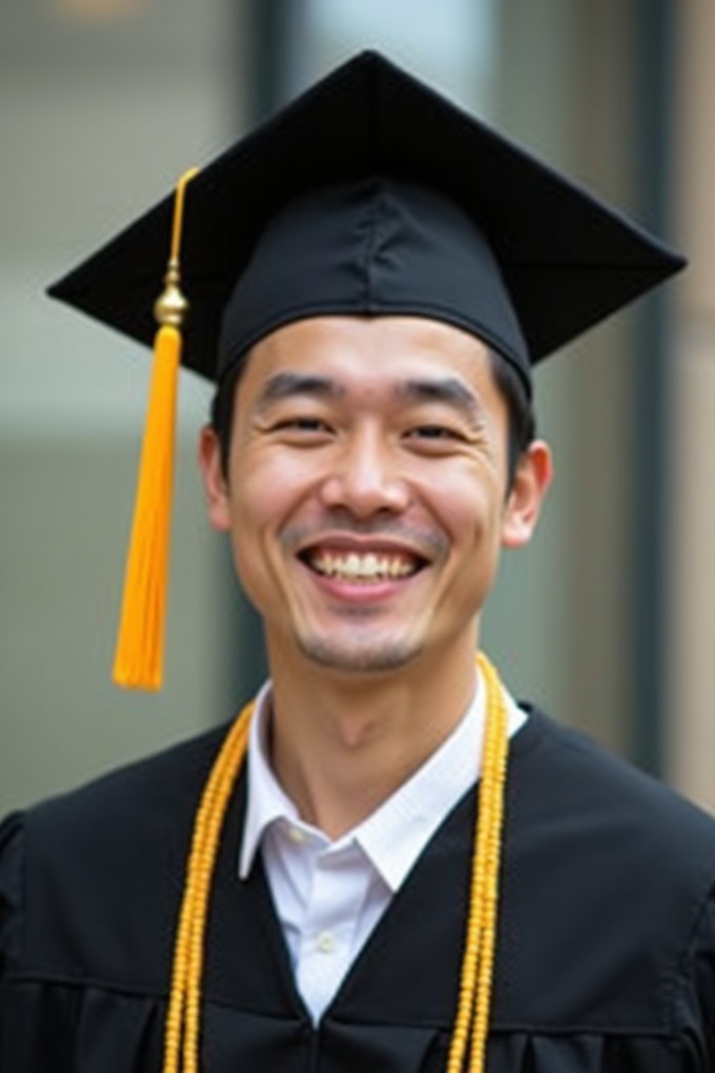 happy  man in Graduation Ceremony wearing a square black Graduation Cap with yellow tassel at college