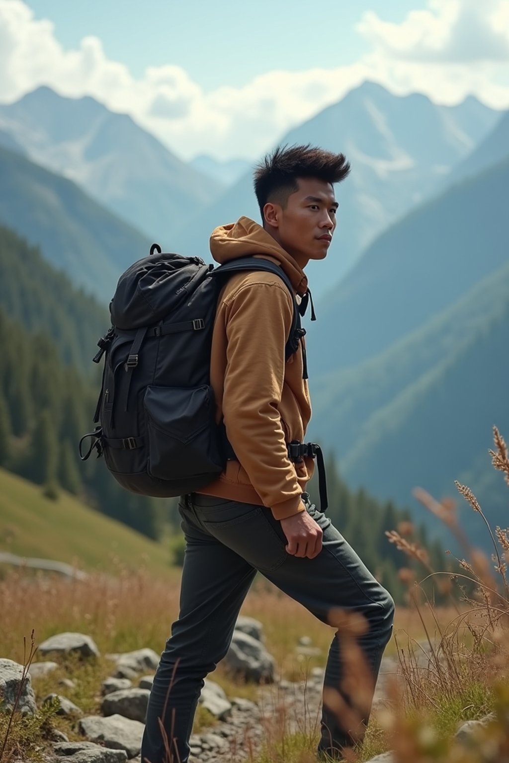 man hiking in mountains