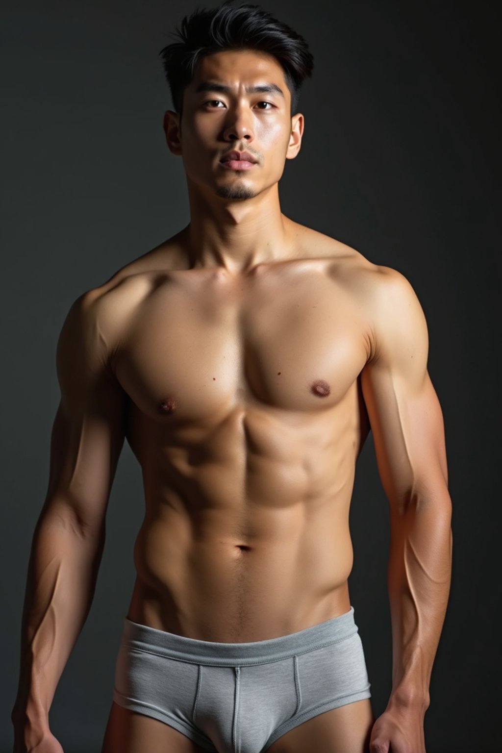 man wearing underwear  in Men's Health  centerfold photoshoot. intact eyes, symmetrical eyes, realistic skin texture. hyper realistic eyes. photorealistic