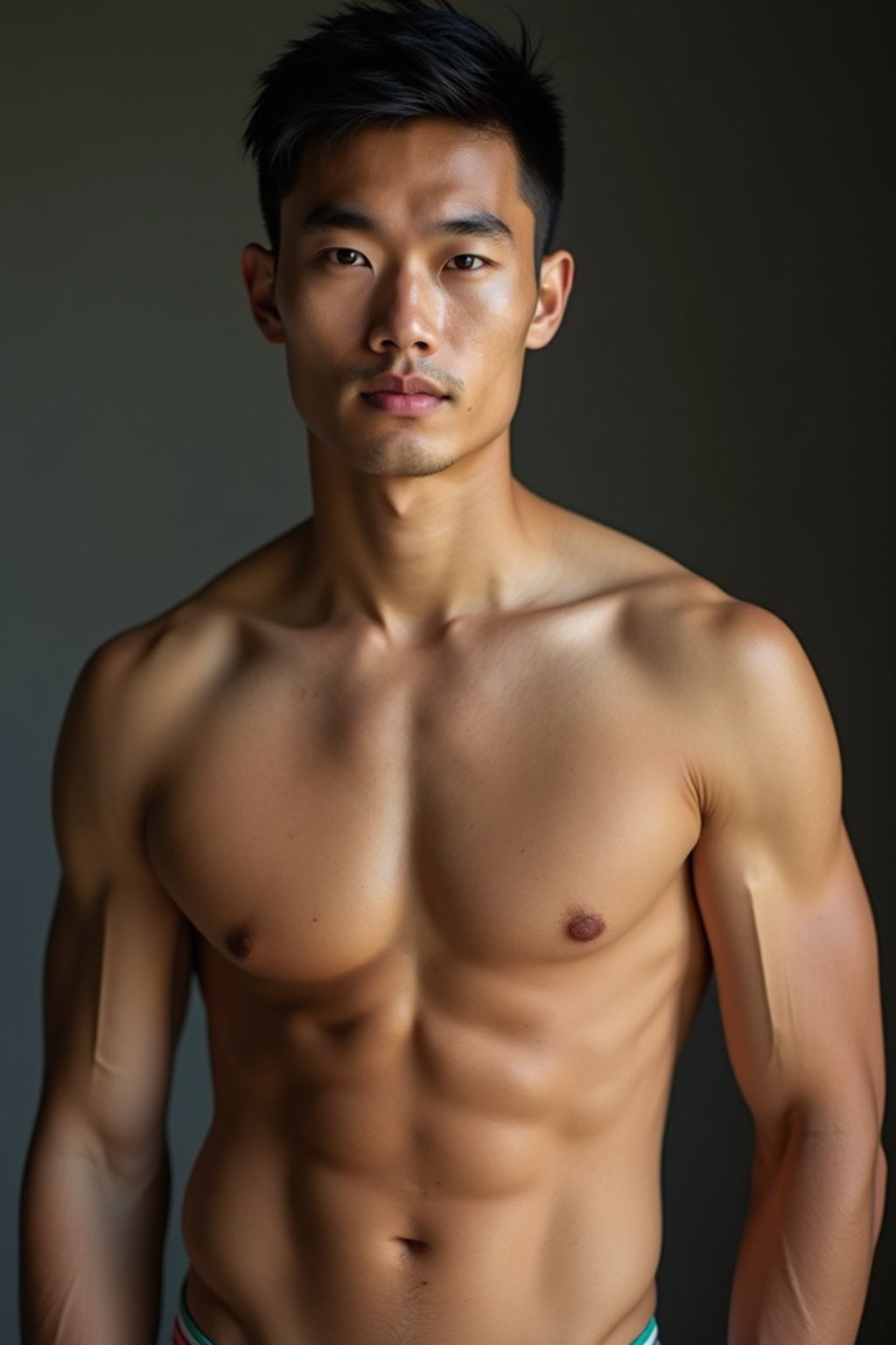 man wearing underwear  in Men's Health  centerfold photoshoot. intact eyes, symmetrical eyes, realistic skin texture. hyper realistic eyes. photorealistic