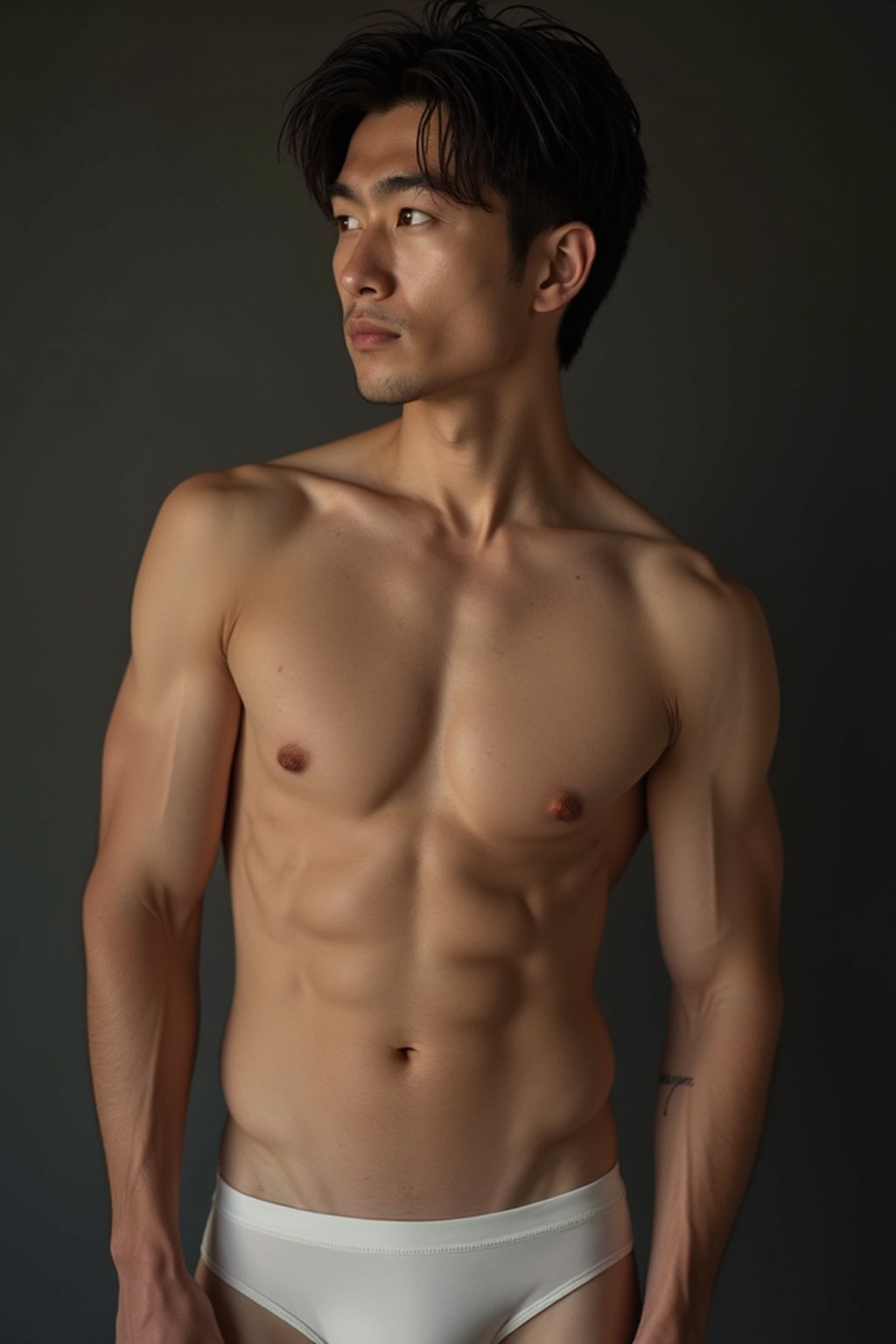 man wearing underwear  in Men's Health  centerfold photoshoot. intact eyes, symmetrical eyes, realistic skin texture. hyper realistic eyes. photorealistic