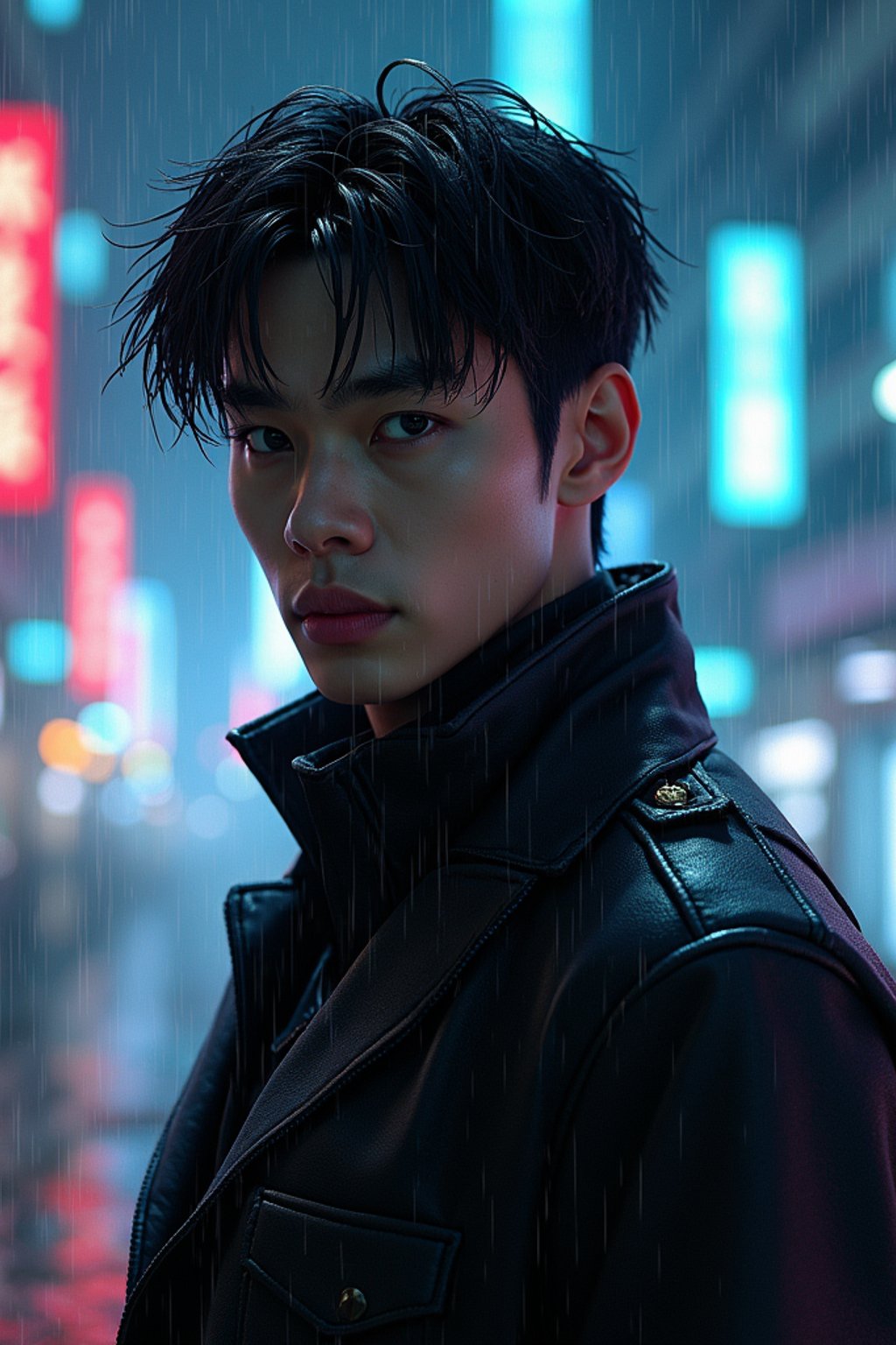 man as futuristic beautiful cyberpunk police officer, in heavy rainning futuristic tokyo rooftop cyberpunk night, ssci-fi, fantasy, intricate, very very beautiful, elegant, neon light, highly detailed, digital painting, artstation, concept art, soft light, hdri, smooth, sharp focus, illustration, art by tian zi and craig mullins and wlop and alphonse mucha