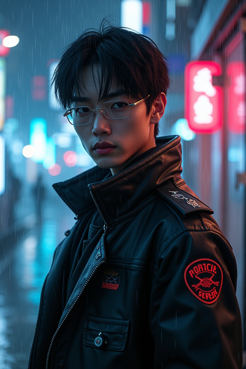 man as futuristic beautiful cyberpunk police officer, in heavy rainning futuristic tokyo rooftop cyberpunk night, ssci-fi, fantasy, intricate, very very beautiful, elegant, neon light, highly detailed, digital painting, artstation, concept art, soft light, hdri, smooth, sharp focus, illustration, art by tian zi and craig mullins and wlop and alphonse mucha