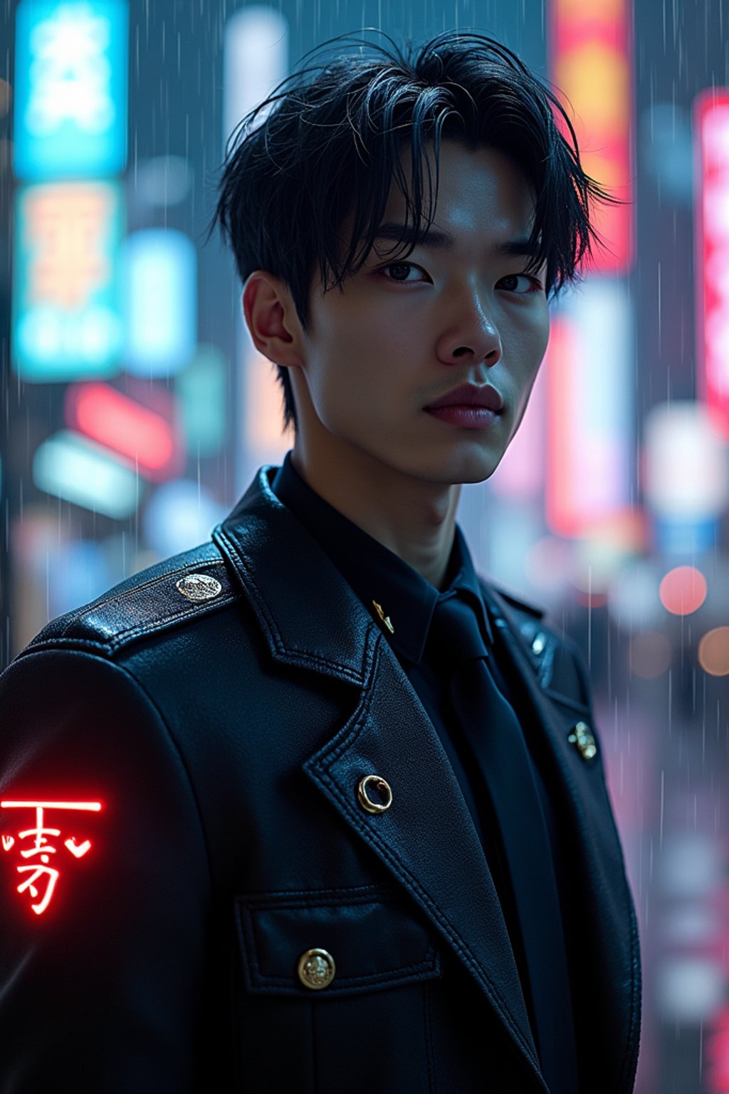 man as futuristic beautiful cyberpunk police officer, in heavy rainning futuristic tokyo rooftop cyberpunk night, ssci-fi, fantasy, intricate, very very beautiful, elegant, neon light, highly detailed, digital painting, artstation, concept art, soft light, hdri, smooth, sharp focus, illustration, art by tian zi and craig mullins and wlop and alphonse mucha