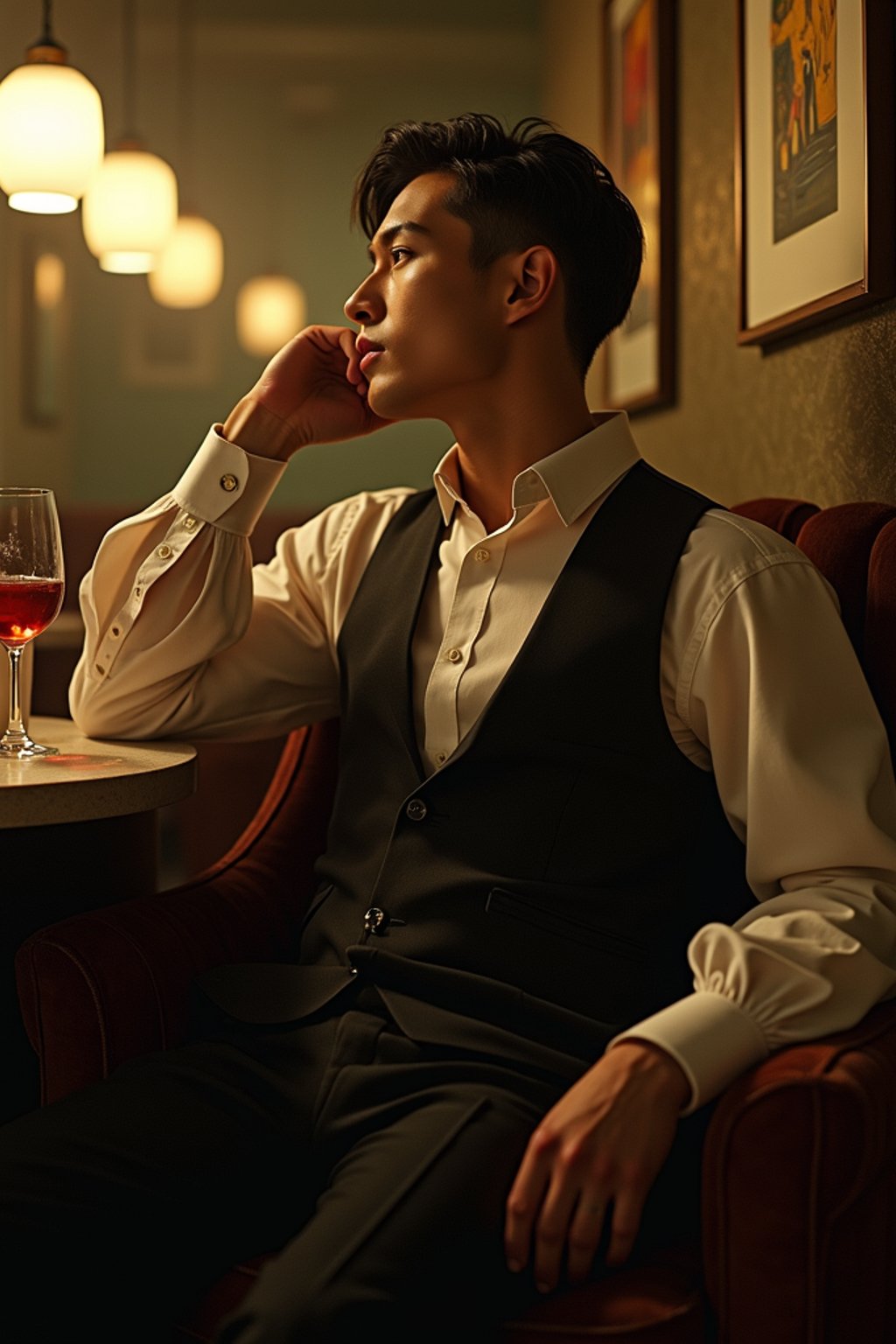 man, dimly lit upscale 1920s speakeasy, relaxed pose, fantasy, art deco, detailed painterly digital art style by coles phillips and alfred charles parker, 🍸🍋