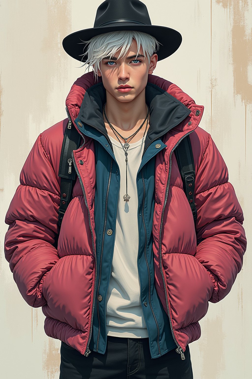 full body of a street punk man student, blue eyes, bubble jacket, hat, white hair by atey ghailan, by greg rutkowski, by greg tocchini, by james gilleard, by joe fenton, by kaethe butcher, gradient pink, black, brown and light blue color scheme, grunge aesthetic