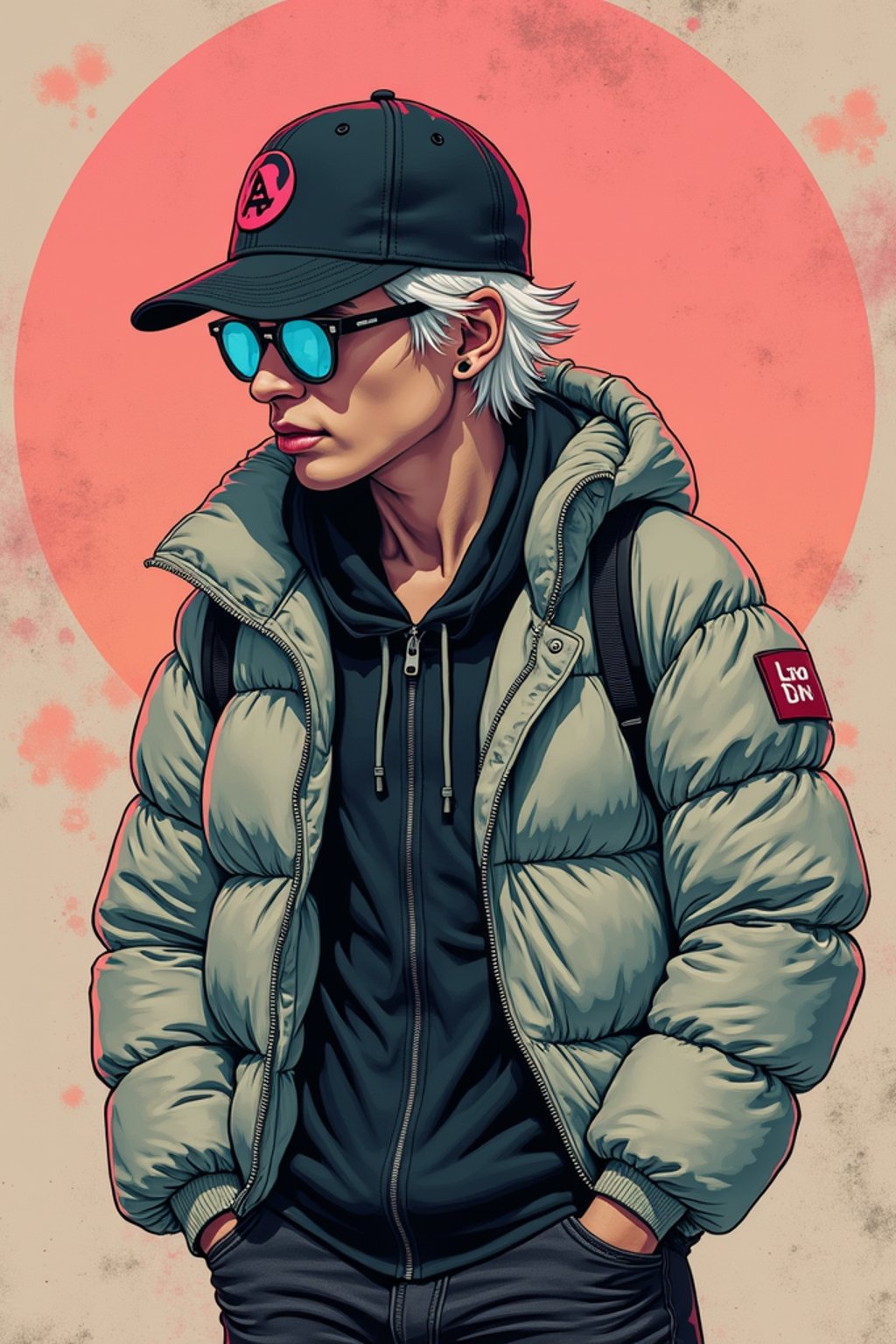 full body of a street punk man student, blue eyes, bubble jacket, hat, white hair by atey ghailan, by greg rutkowski, by greg tocchini, by james gilleard, by joe fenton, by kaethe butcher, gradient pink, black, brown and light blue color scheme, grunge aesthetic