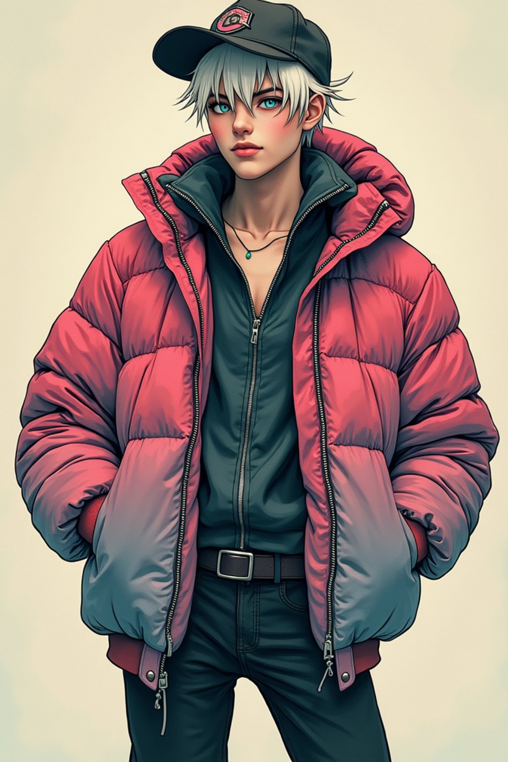 full body of a street punk man student, blue eyes, bubble jacket, hat, white hair by atey ghailan, by greg rutkowski, by greg tocchini, by james gilleard, by joe fenton, by kaethe butcher, gradient pink, black, brown and light blue color scheme, grunge aesthetic