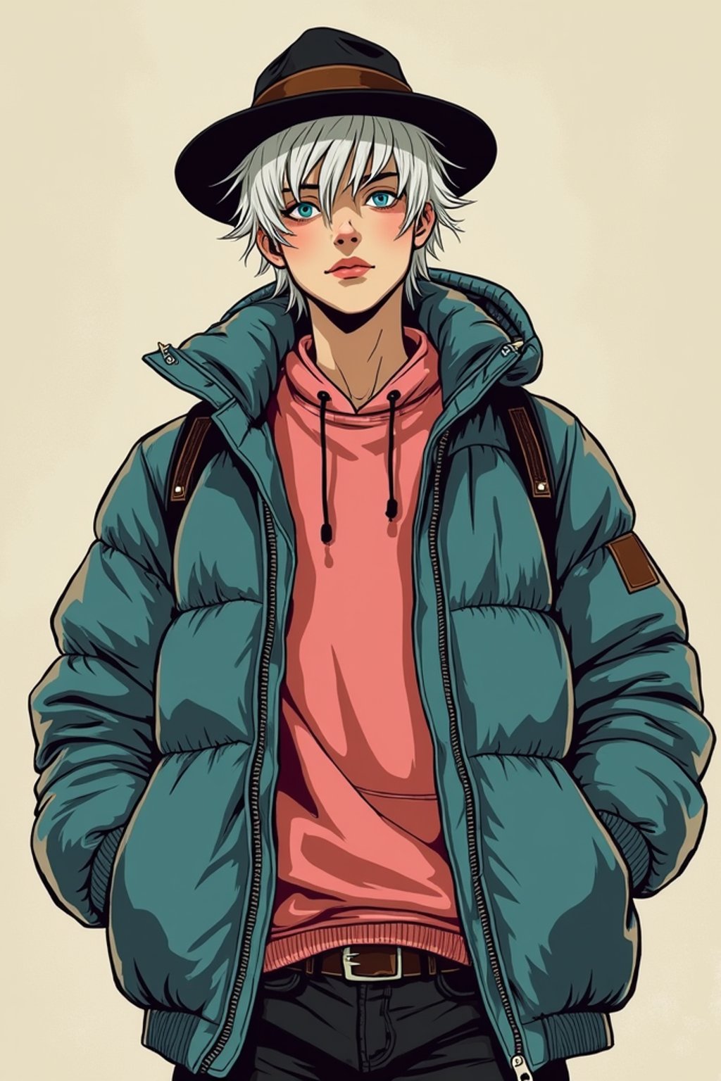 full body of a street punk man student, blue eyes, bubble jacket, hat, white hair by atey ghailan, by greg rutkowski, by greg tocchini, by james gilleard, by joe fenton, by kaethe butcher, gradient pink, black, brown and light blue color scheme, grunge aesthetic