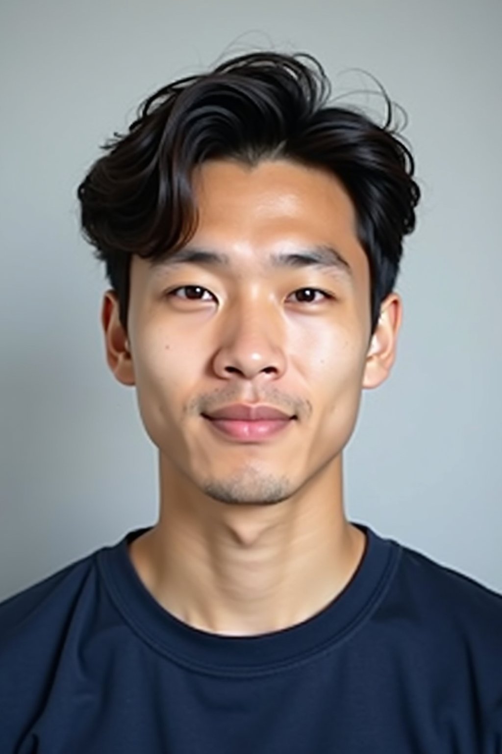 man as official passport photo for government documents. wearing a dark blue navy t-shirt. photorealistic. light gray background. entire face visible. entire head visible