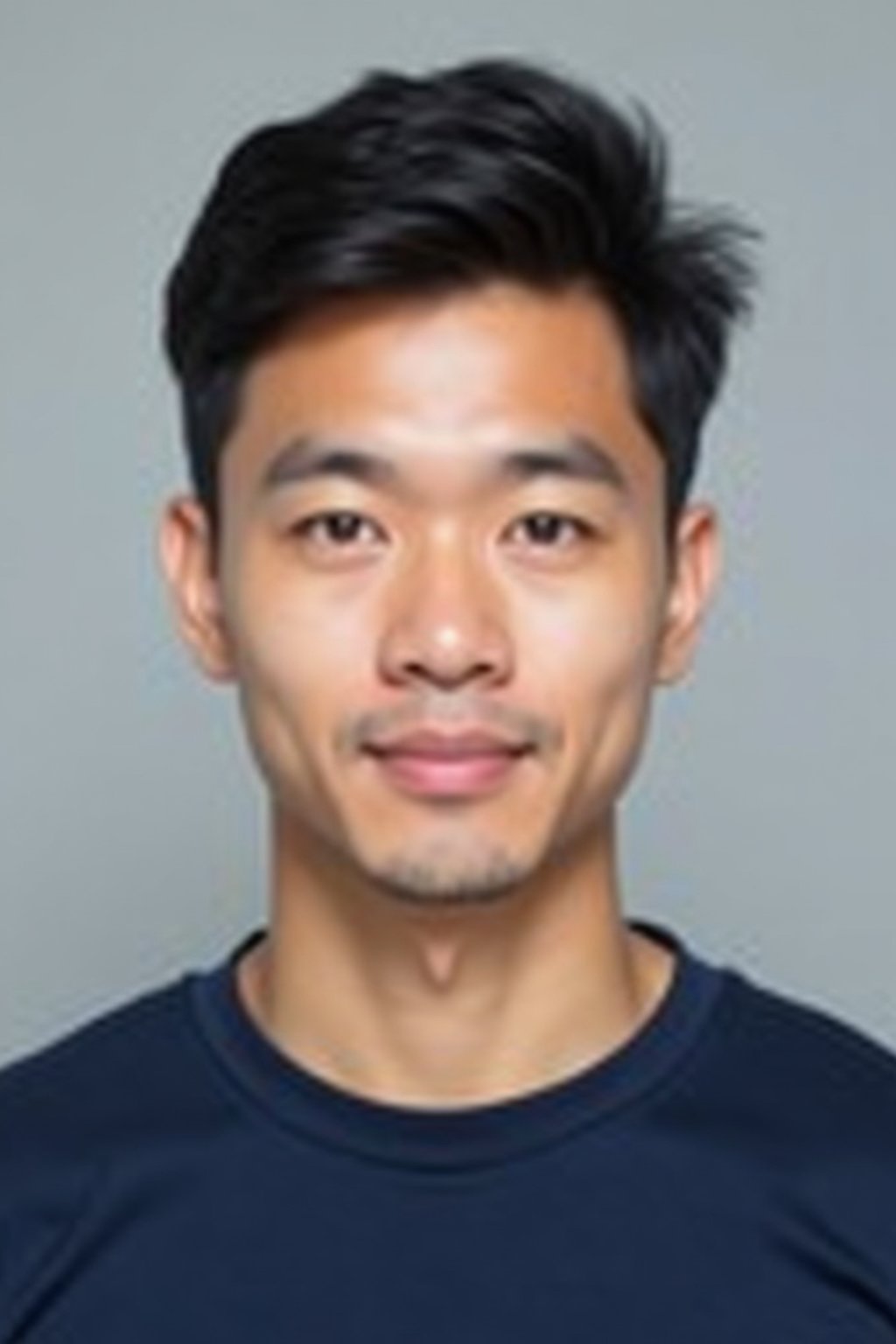 man as official passport photo for government documents. wearing a dark blue navy t-shirt. photorealistic. light gray background. entire face visible. entire head visible