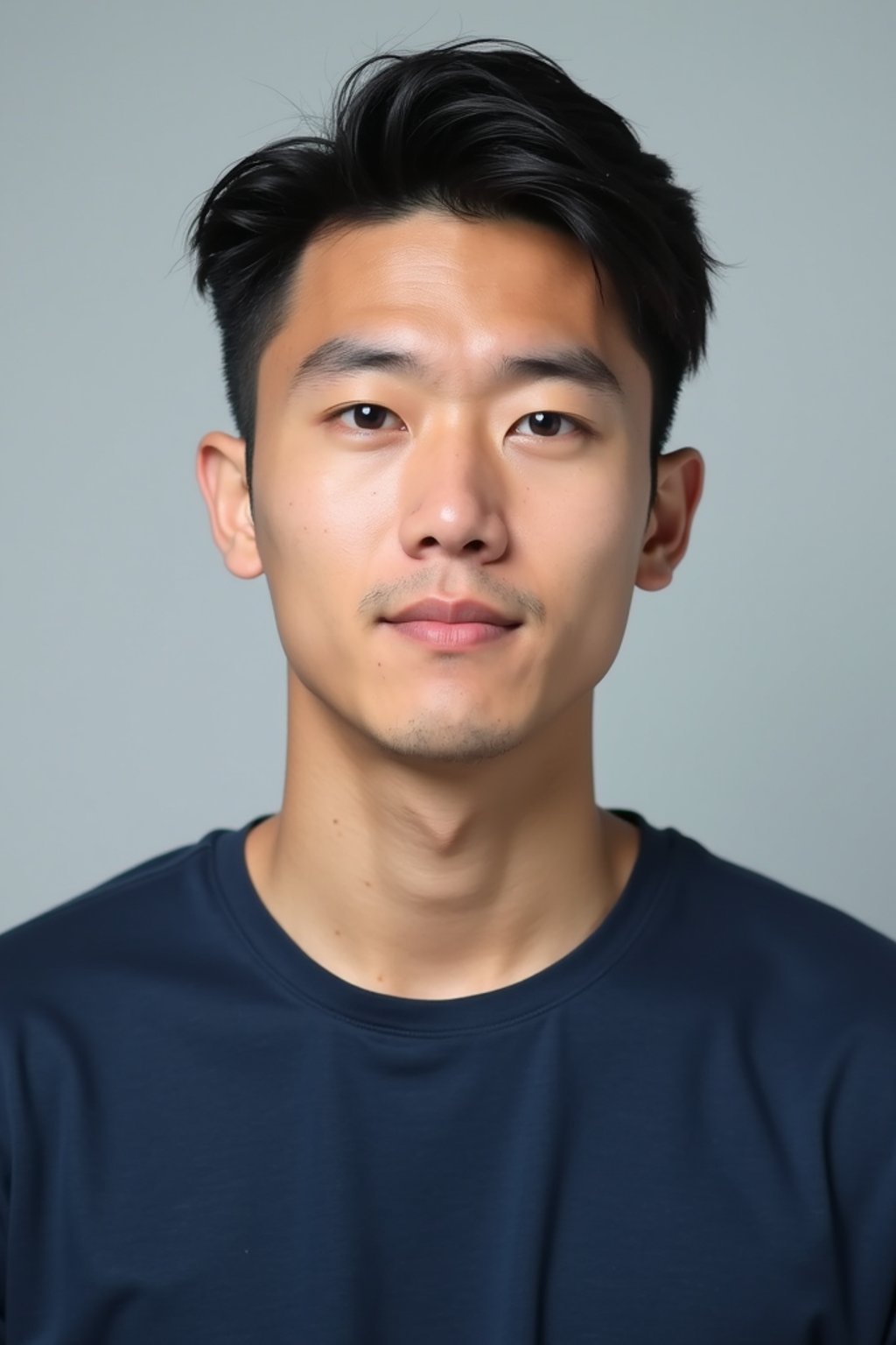 man as official passport photo for government documents. wearing a dark blue navy t-shirt. photorealistic. light gray background. entire face visible. entire head visible