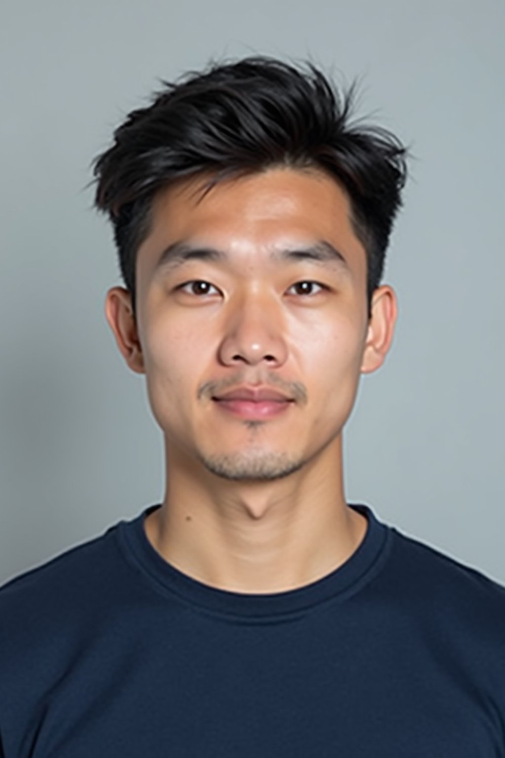 man as official passport photo for government documents. wearing a dark blue navy t-shirt. photorealistic. light gray background. entire face visible. entire head visible