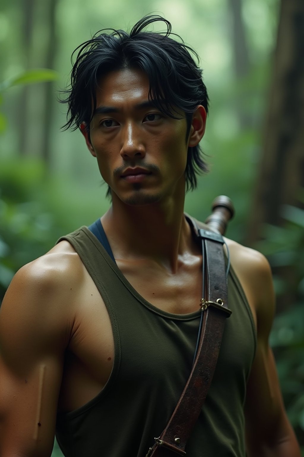 man as masculine male sidekick of Lara Croft  in Tombraider, in rainforest, cinematic lighting