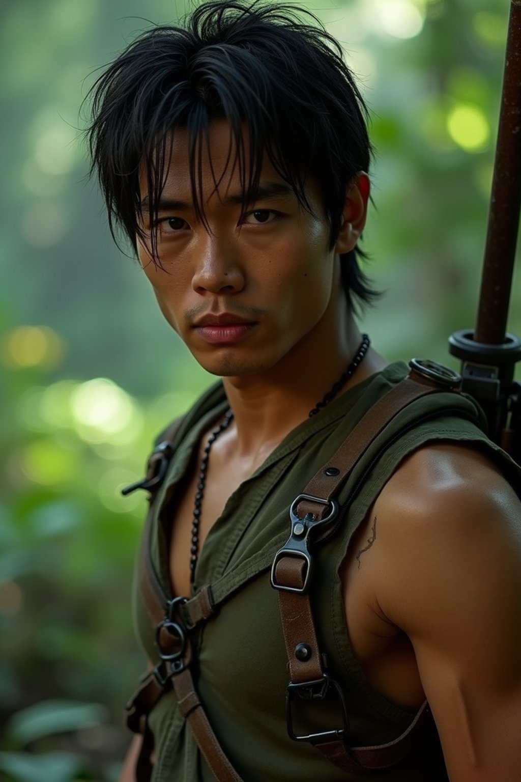 man as masculine male sidekick of Lara Croft  in Tombraider, in rainforest, cinematic lighting