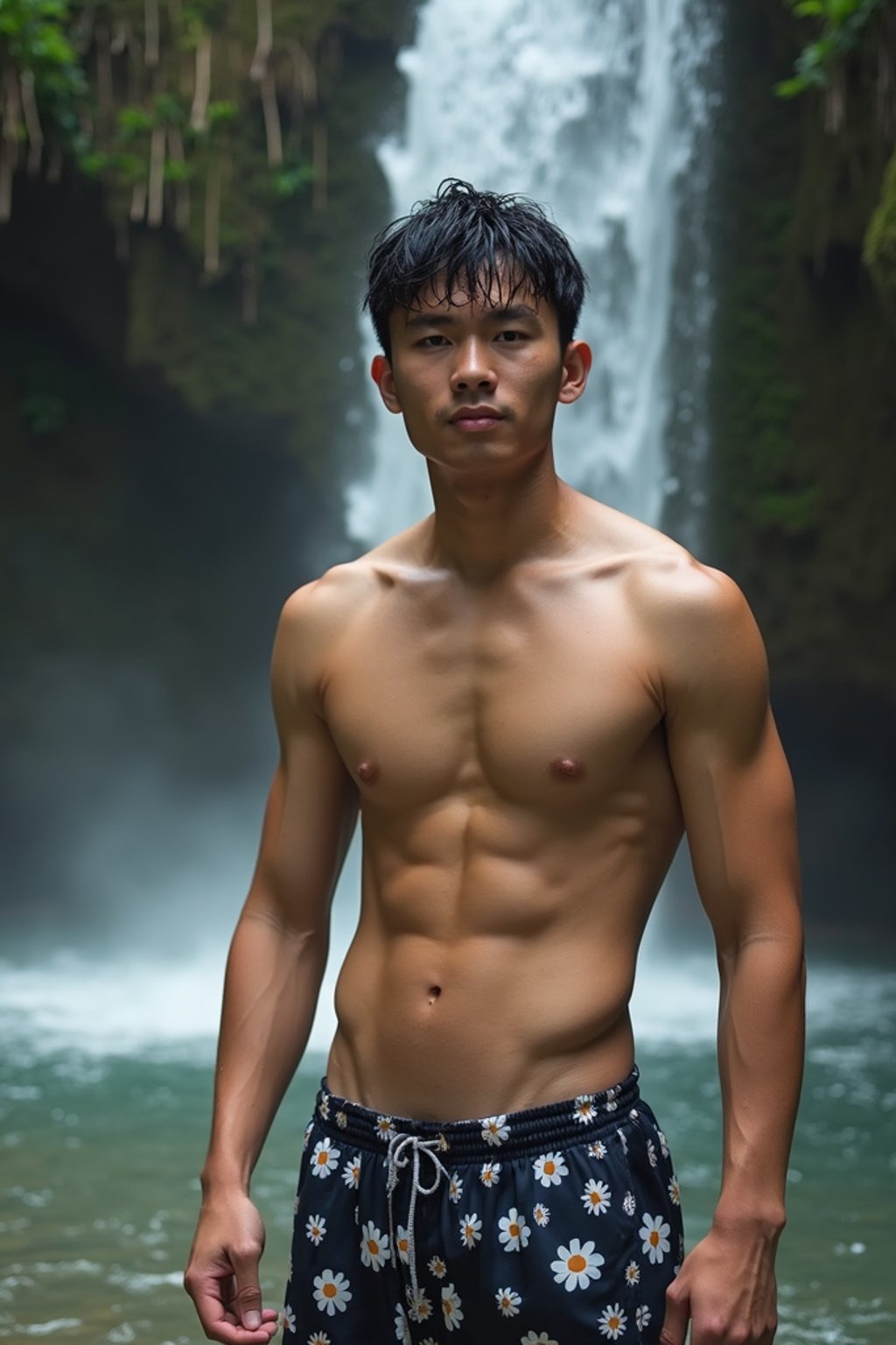 man in swim shorts  under a waterfall, wet hair