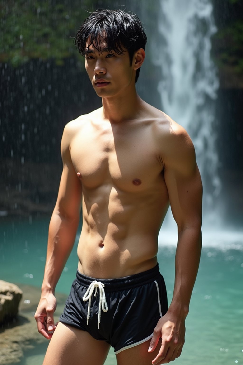 man in swim shorts  under a waterfall, wet hair