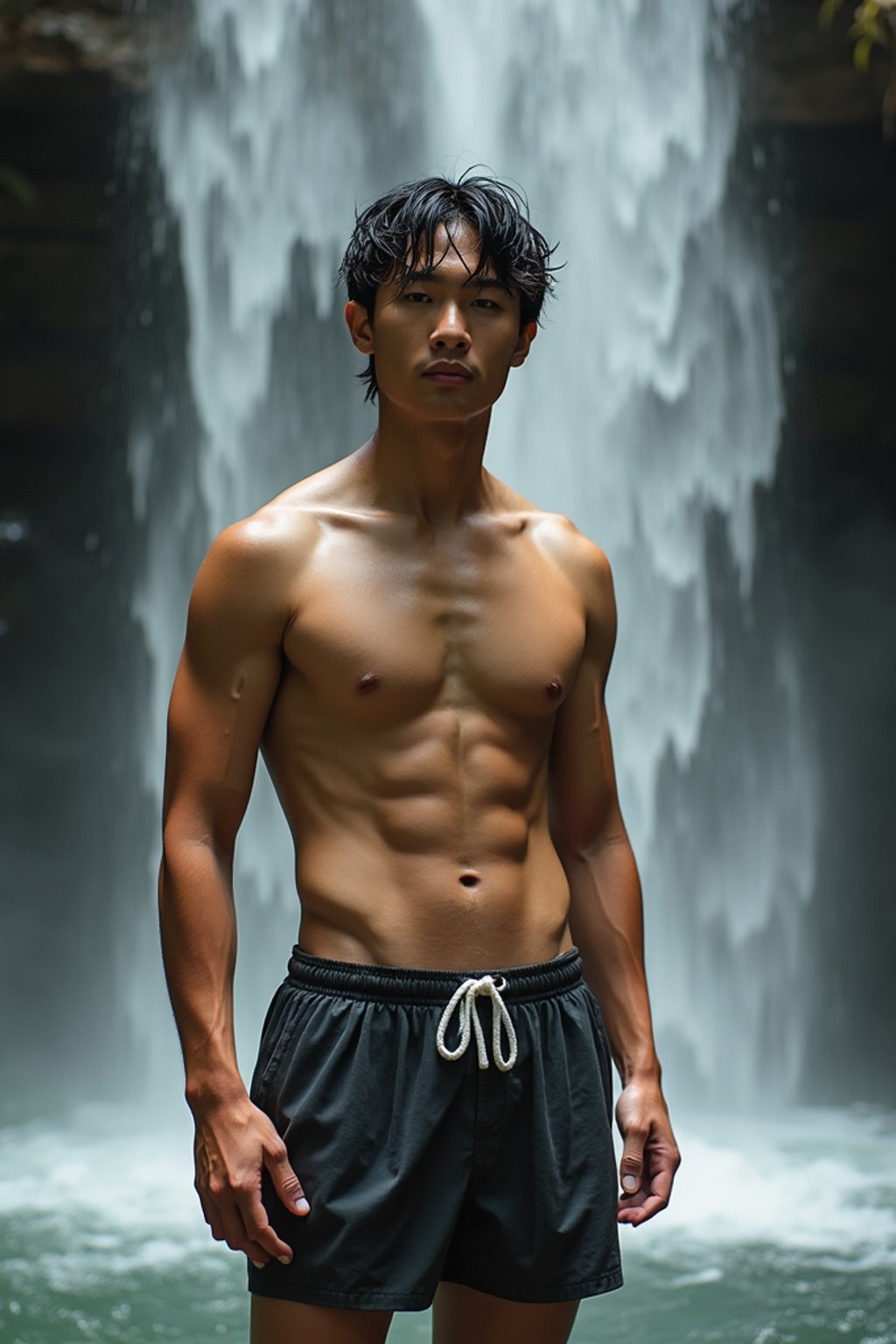 man in swim shorts  under a waterfall, wet hair