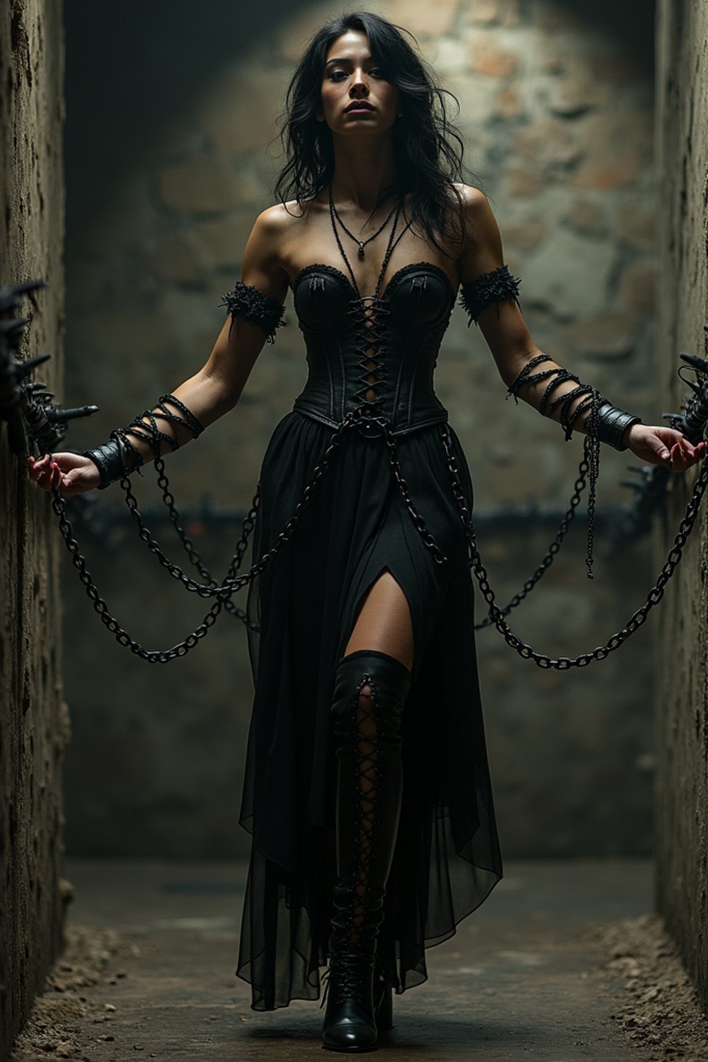 gothic man, bound by chains and barbed wire in a dungeon, very tight corset, high heels