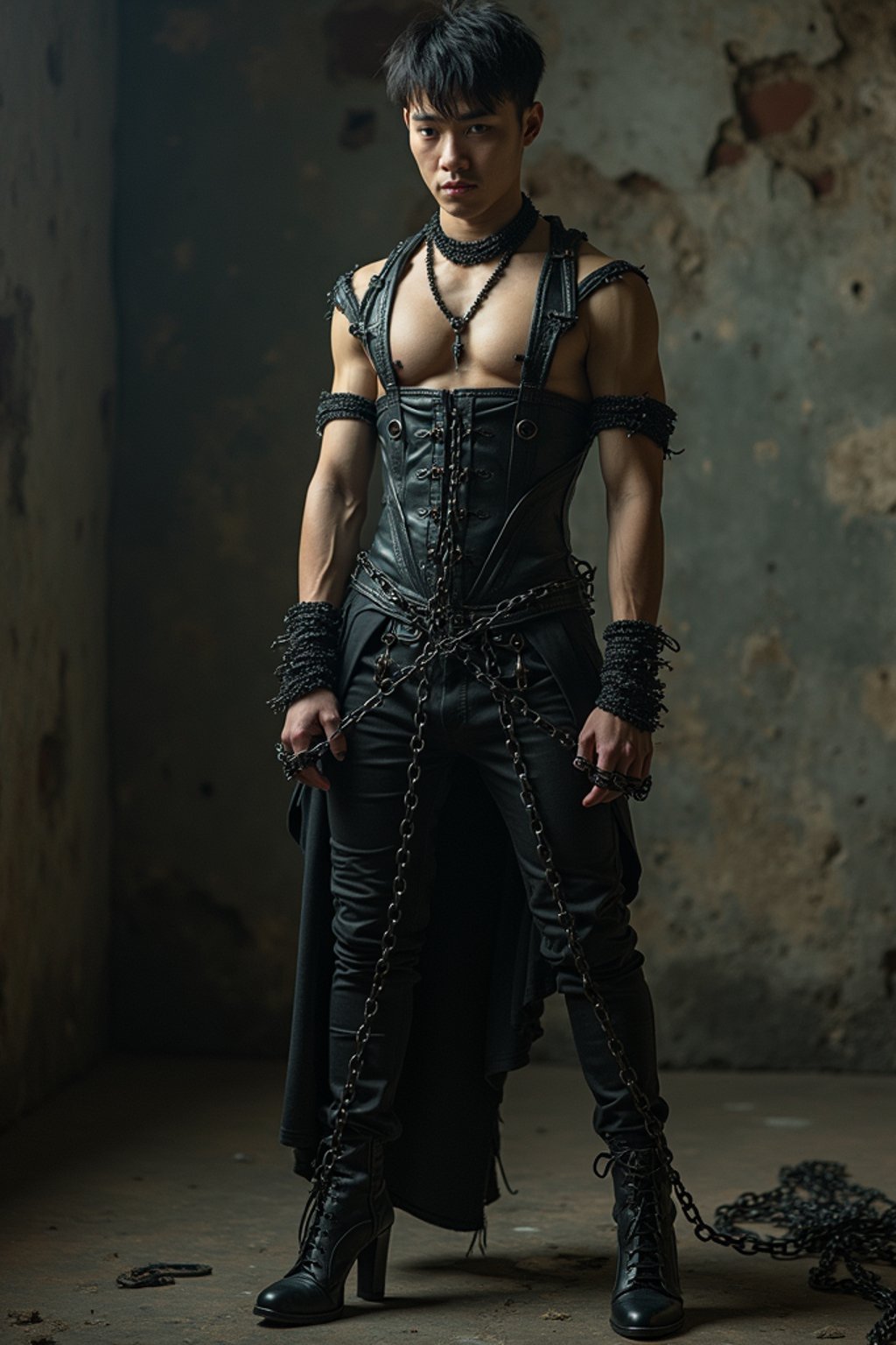 gothic man, bound by chains and barbed wire in a dungeon, very tight corset, high heels