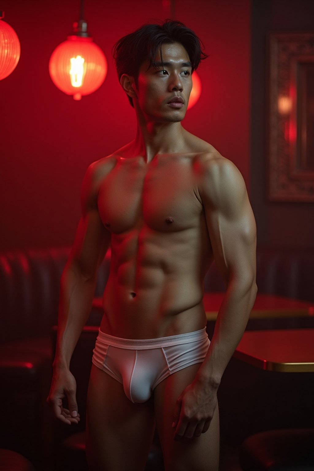 man in sexy underwear  as a chippendale  in strip club. wide shot. cinematic lighting