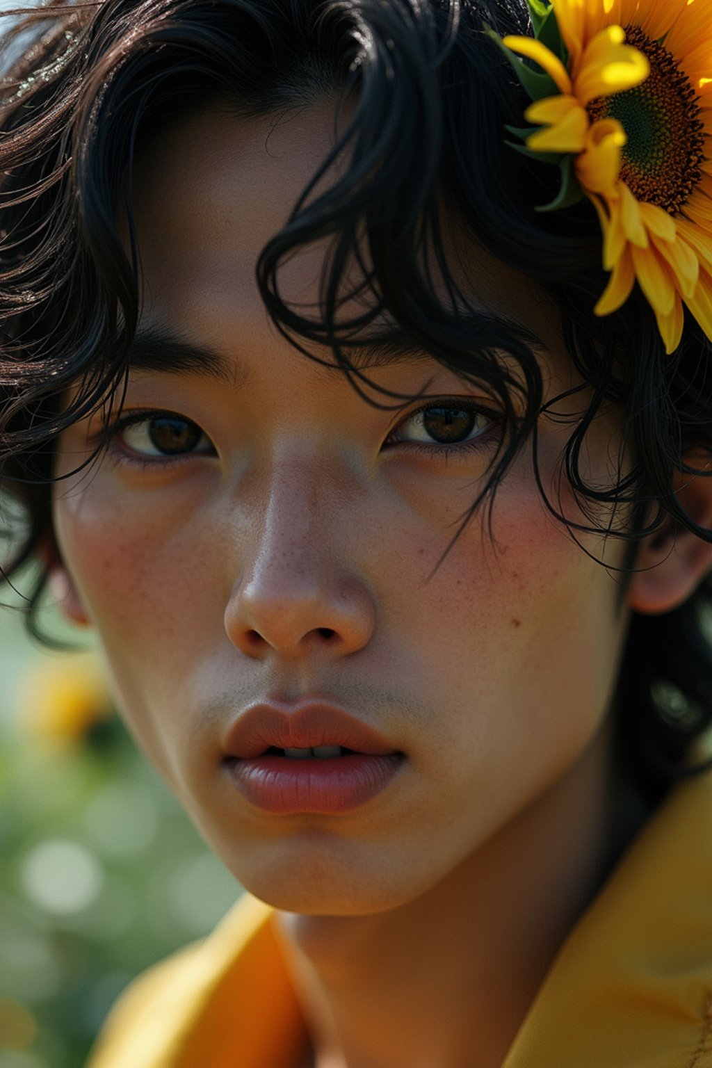 Close face shot of a man with a sunflower in hair, summer season, moody scene,, intricate, sharp details, summer vibe, gorgeous scene by gaston bussiere, craig mullins, somber lighting, drawn by giacomo burattini, inspired by graphic novel cover art, hyperrealistic, 8 k by rhads