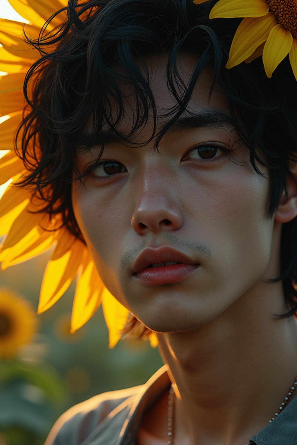 Close face shot of a man with a sunflower in hair, summer season, moody scene,, intricate, sharp details, summer vibe, gorgeous scene by gaston bussiere, craig mullins, somber lighting, drawn by giacomo burattini, inspired by graphic novel cover art, hyperrealistic, 8 k by rhads