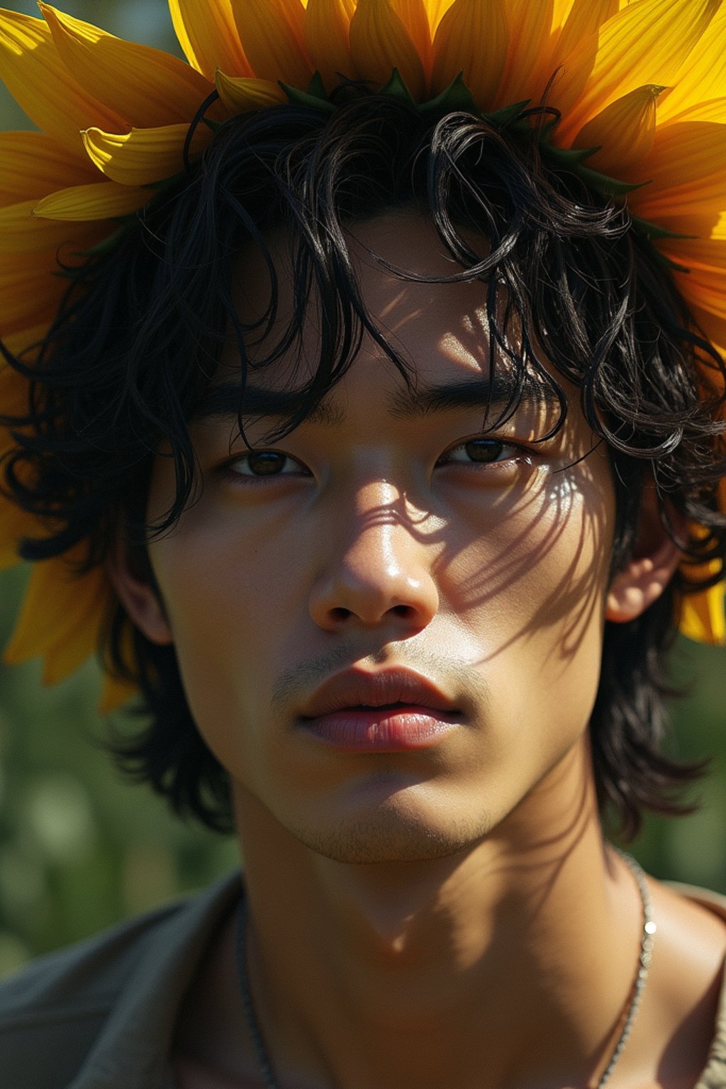 Close face shot of a man with a sunflower in hair, summer season, moody scene,, intricate, sharp details, summer vibe, gorgeous scene by gaston bussiere, craig mullins, somber lighting, drawn by giacomo burattini, inspired by graphic novel cover art, hyperrealistic, 8 k by rhads