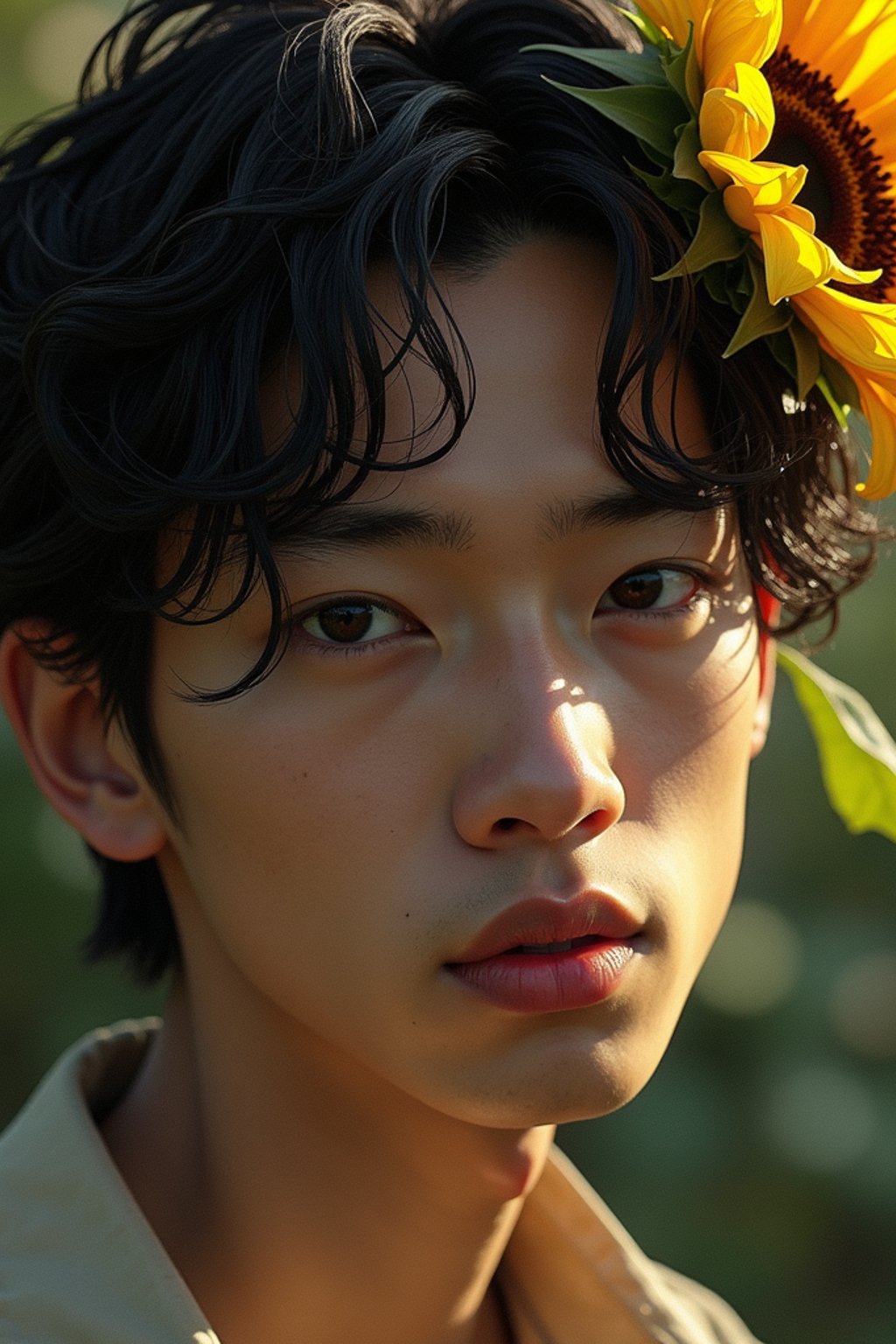 Close face shot of a man with a sunflower in hair, summer season, moody scene,, intricate, sharp details, summer vibe, gorgeous scene by gaston bussiere, craig mullins, somber lighting, drawn by giacomo burattini, inspired by graphic novel cover art, hyperrealistic, 8 k by rhads