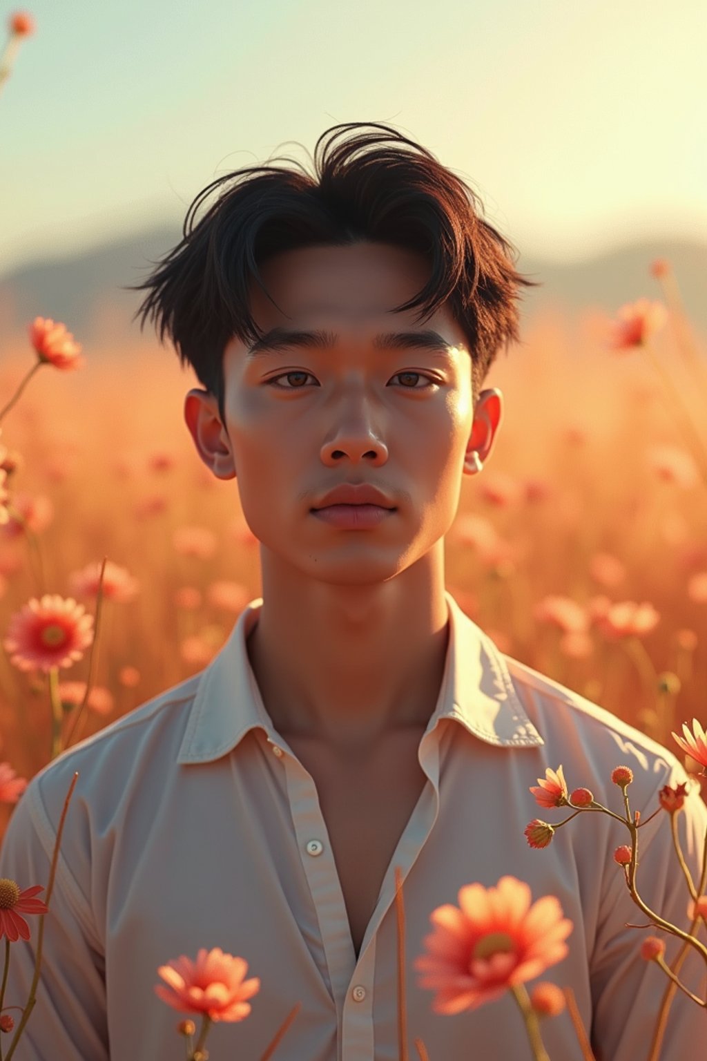 man | standing in field full of flowers | detailed gorgeous face! ! | full body! ! | god rays | intricate | elegant | realistic | hyperrealistic | cinematic | character design | concept art | illustration | digital art | digital painting | depth of field