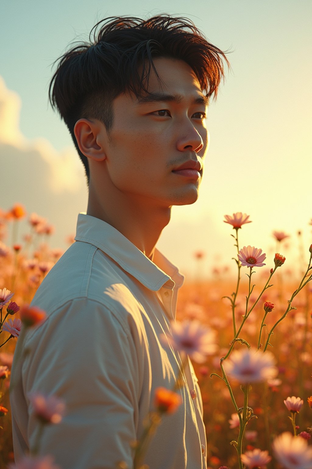 man | standing in field full of flowers | detailed gorgeous face! ! | full body! ! | god rays | intricate | elegant | realistic | hyperrealistic | cinematic | character design | concept art | illustration | digital art | digital painting | depth of field