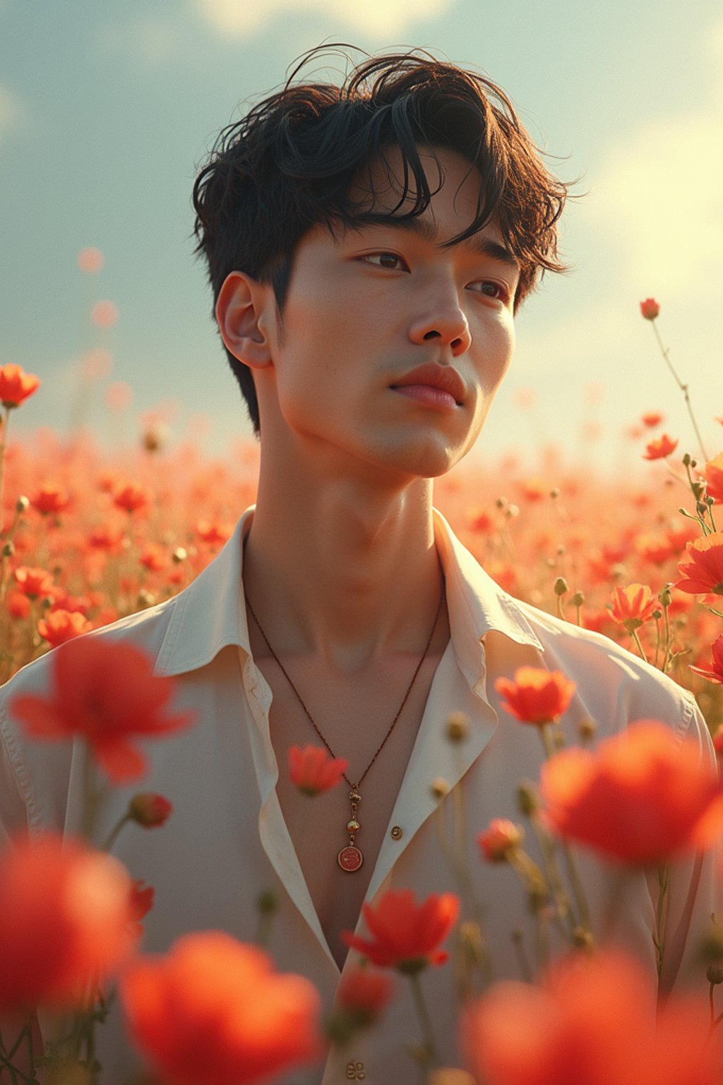 man | standing in field full of flowers | detailed gorgeous face! ! | full body! ! | god rays | intricate | elegant | realistic | hyperrealistic | cinematic | character design | concept art | illustration | digital art | digital painting | depth of field