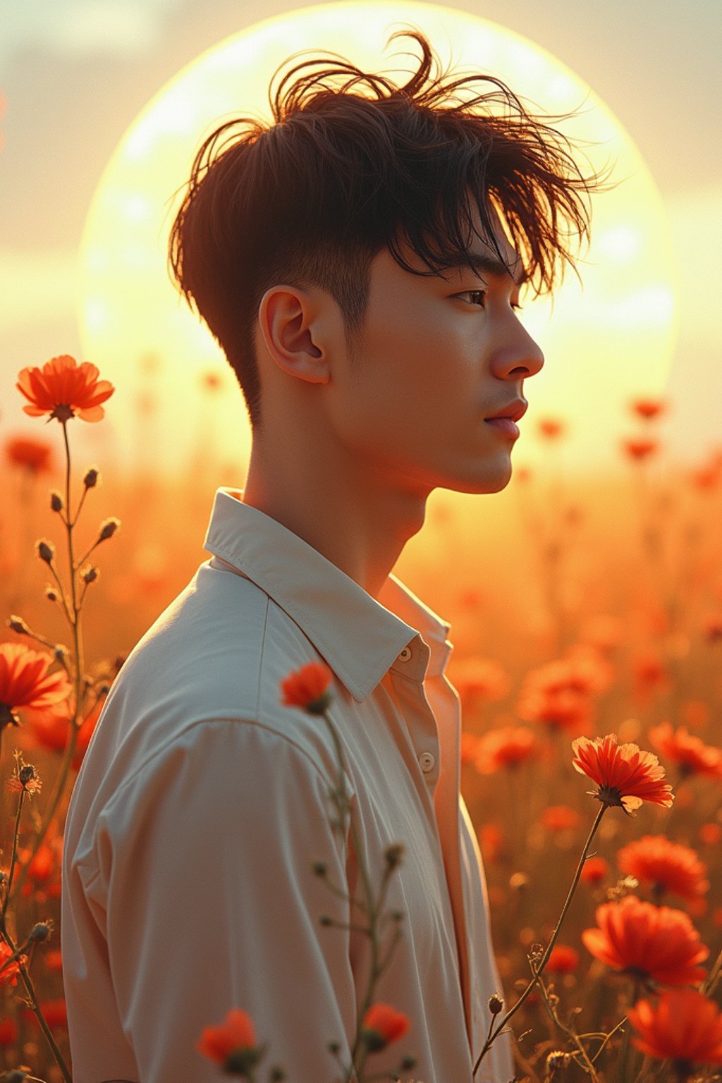 man | standing in field full of flowers | detailed gorgeous face! ! | full body! ! | god rays | intricate | elegant | realistic | hyperrealistic | cinematic | character design | concept art | illustration | digital art | digital painting | depth of field