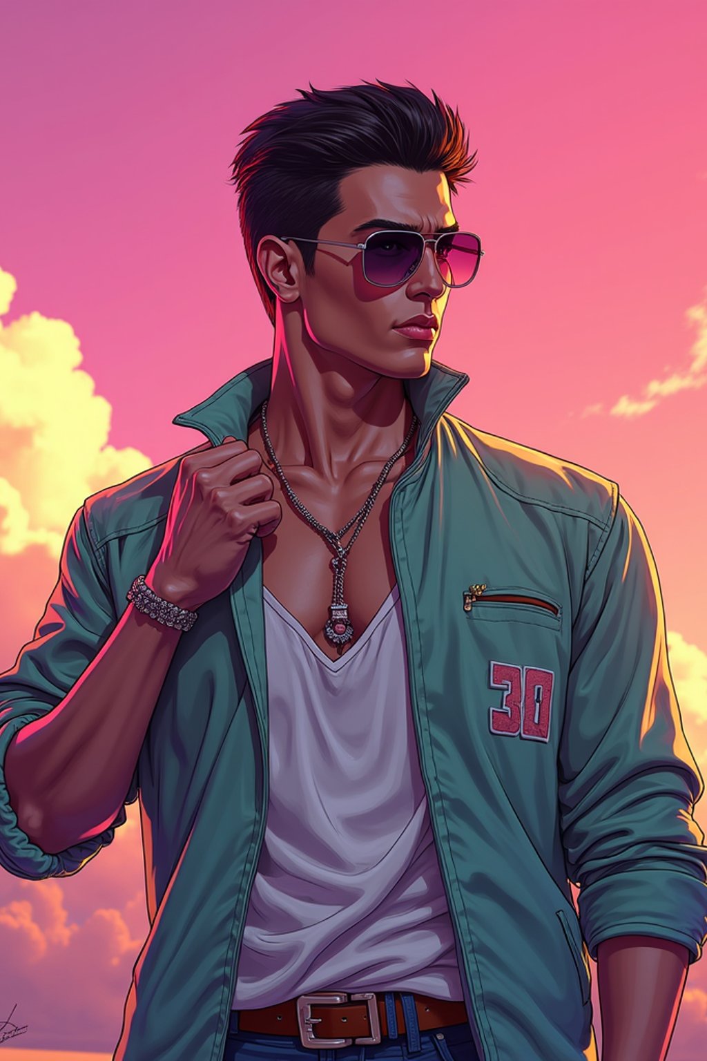 man, gta vice city cover art, borderlands style, celshading, trending on artstation, by rhads, andreas rocha, rossdraws, makoto shinkai, laurie greasley, lois van baarle, ilya kuvshinov and greg rutkowski