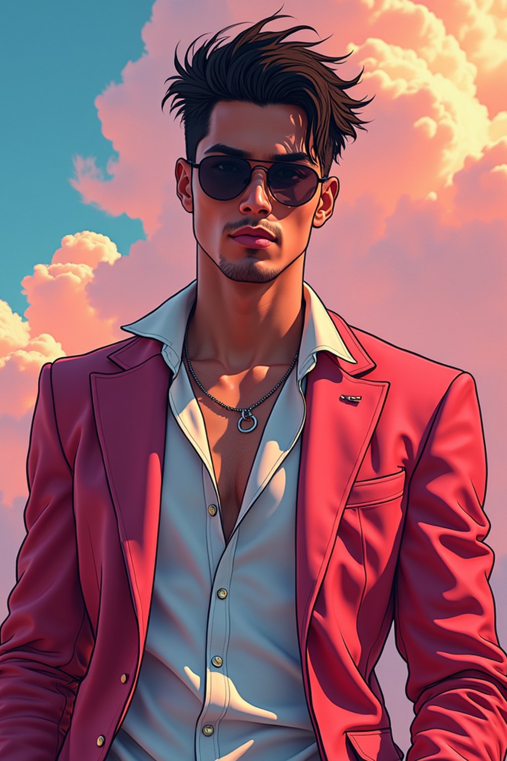 man, gta vice city cover art, borderlands style, celshading, trending on artstation, by rhads, andreas rocha, rossdraws, makoto shinkai, laurie greasley, lois van baarle, ilya kuvshinov and greg rutkowski