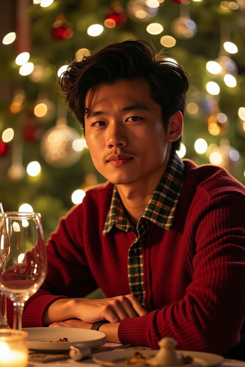 man at Christmas dinner wearing Christmas style clothes. Christmas tree in background. Christmas lights