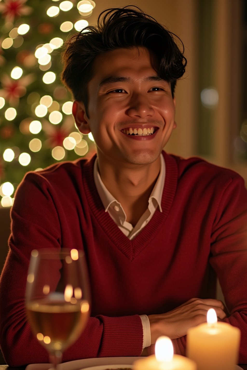 man at Christmas dinner wearing Christmas style clothes. Christmas tree in background. Christmas lights