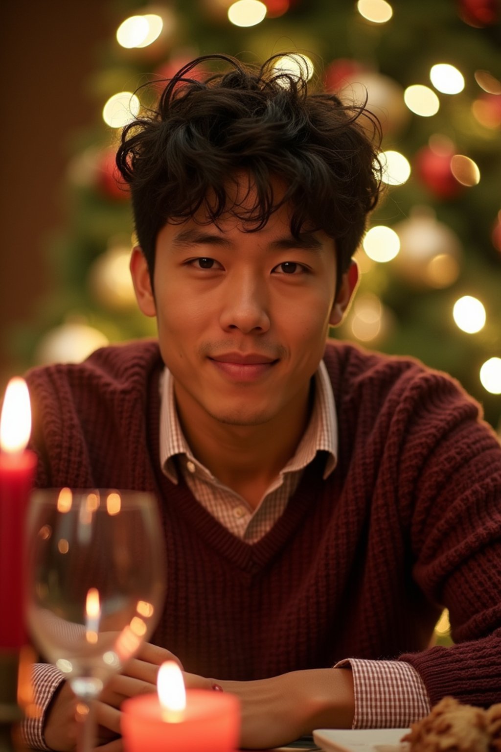 man at Christmas dinner wearing Christmas style clothes. Christmas tree in background. Christmas lights