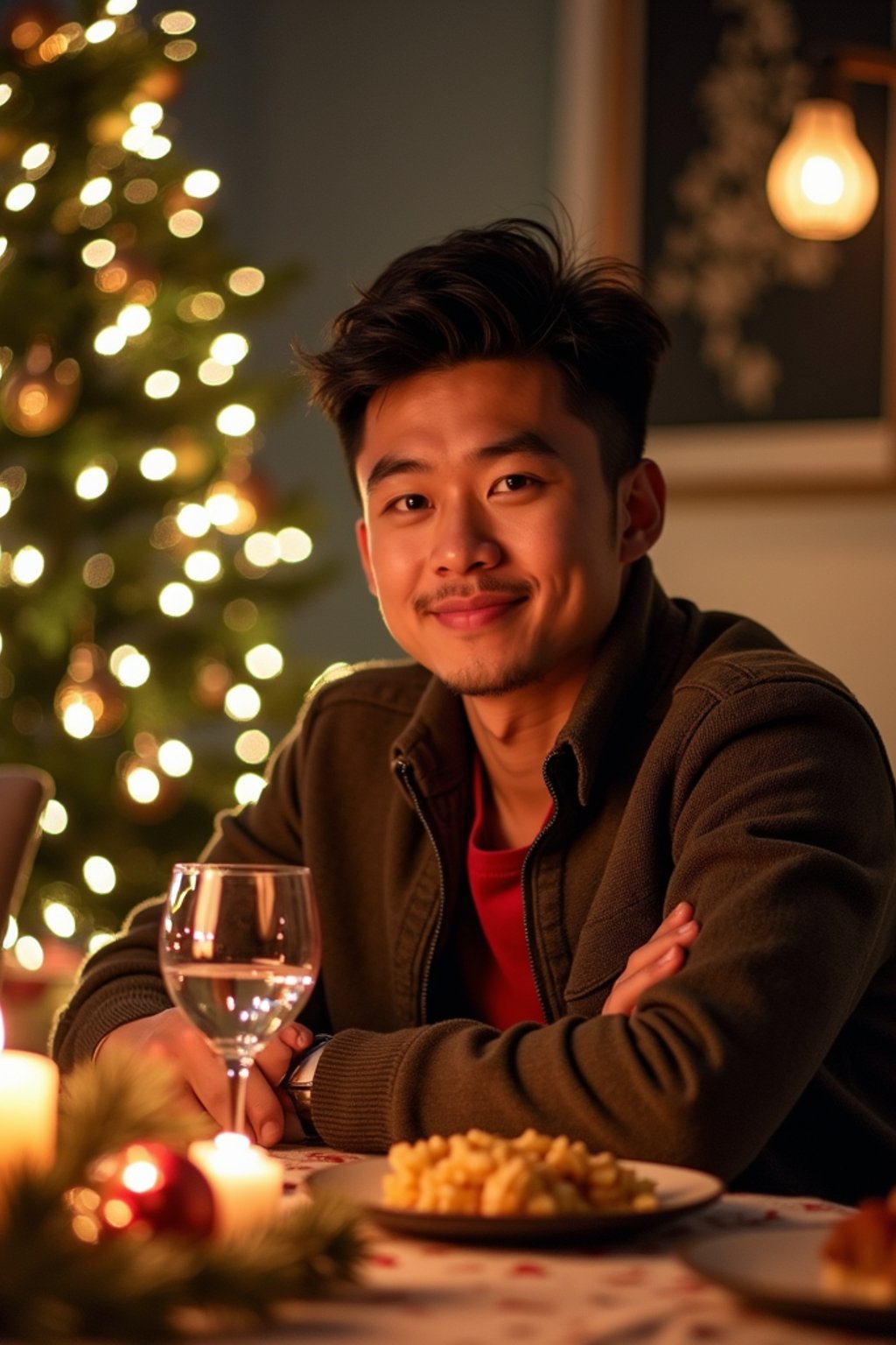 man at Christmas dinner wearing Christmas style clothes. Christmas tree in background. Christmas lights