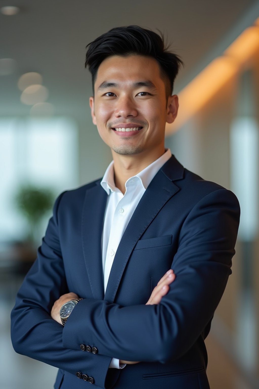 wide LinkedIn profile photo of a professional business man as a confident professional business man standing in a modern office. LinkedIn professional profile photo. most popular person on LinkedIn