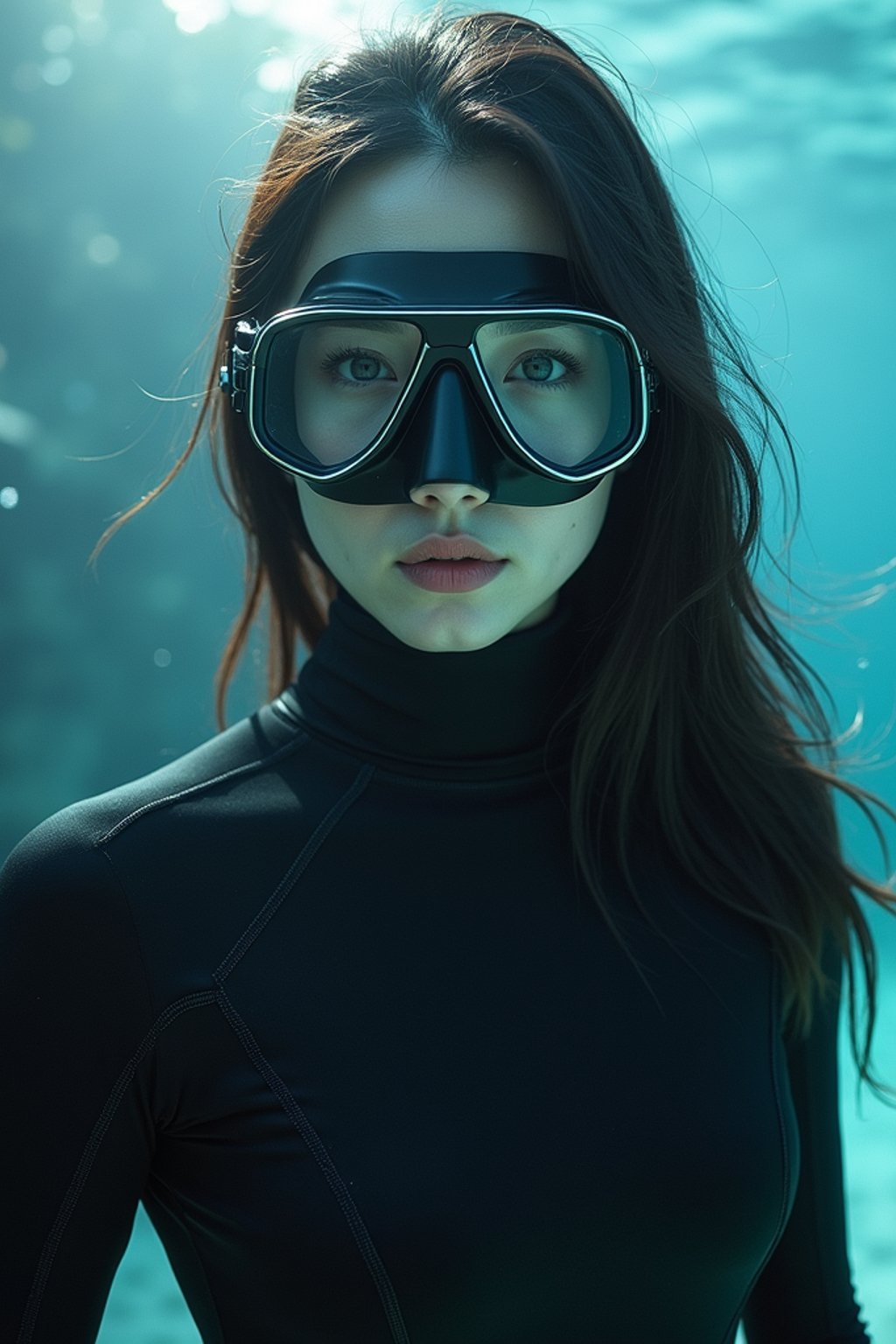 woman as a scuba diver wearing diving goggles and wearing a wetsuit