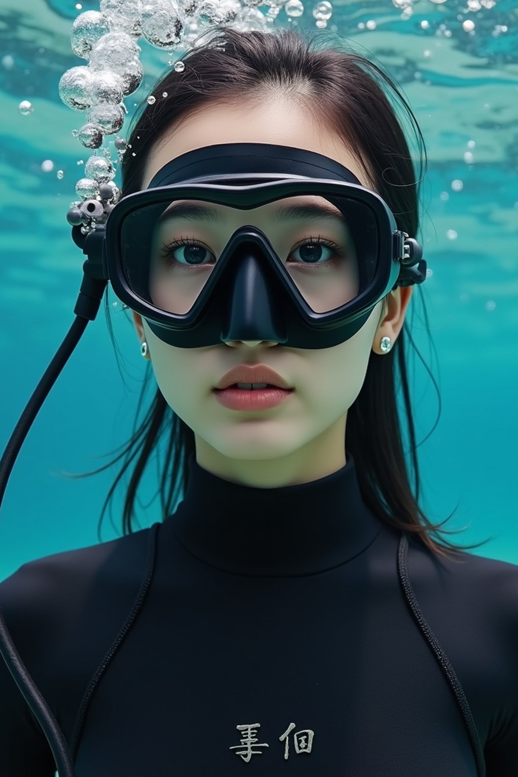 woman as a scuba diver wearing diving goggles and wearing a wetsuit