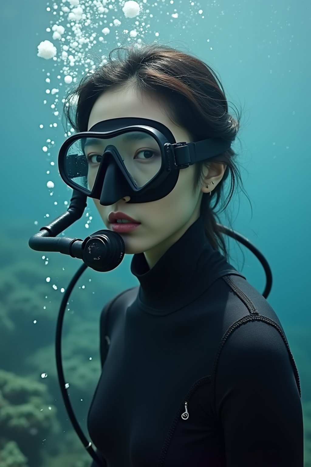 woman as a scuba diver wearing diving goggles and wearing a wetsuit