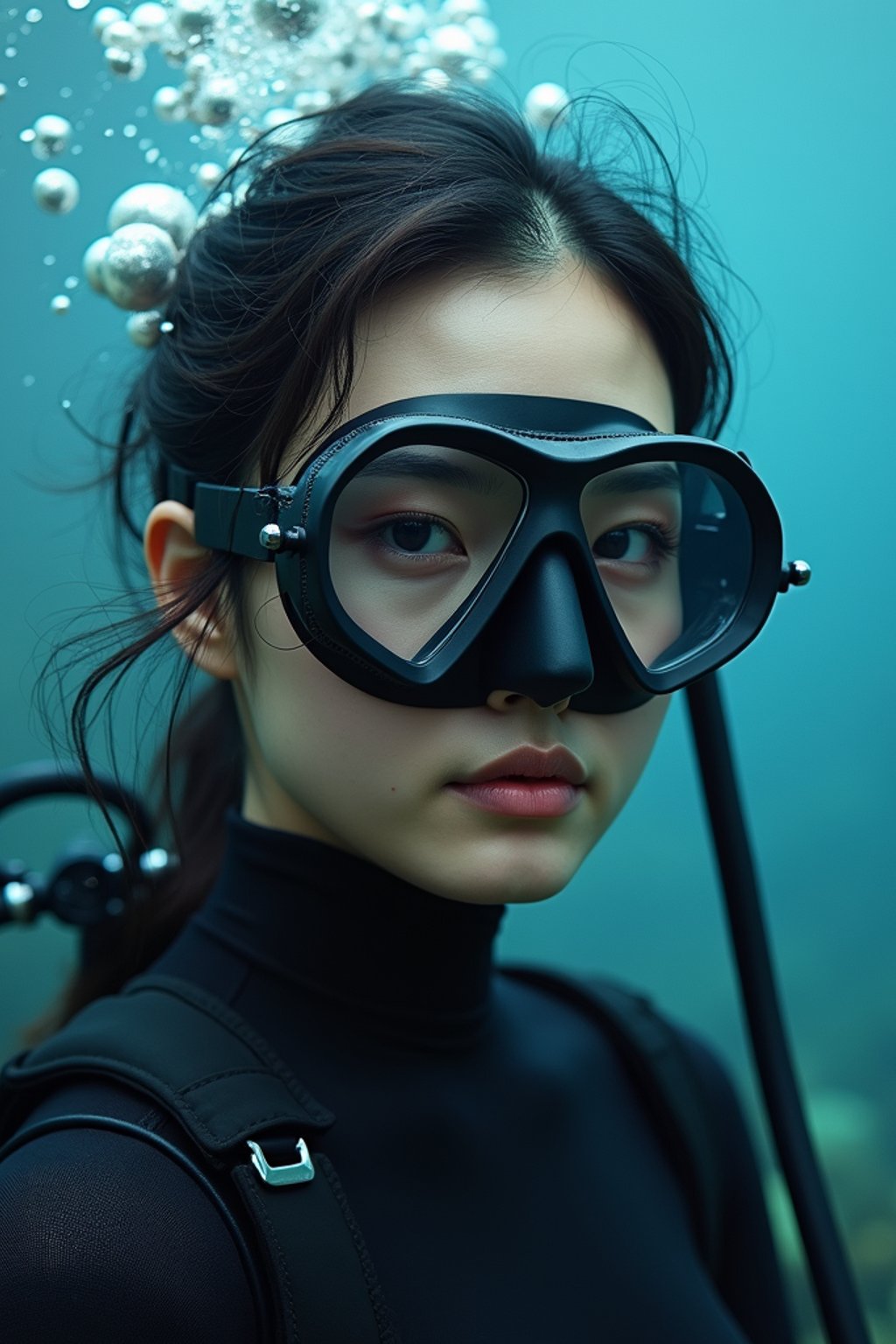 woman as a scuba diver wearing diving goggles and wearing a wetsuit